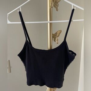 Forever 21 Black Ribbed Lace-Side Cropped Cami Tank (XS)